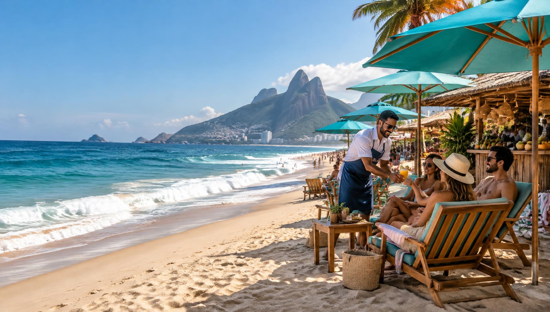 Garçom atendendo clientes sob guarda-sóis turquesa à beira-mar no Rio de Janeiro